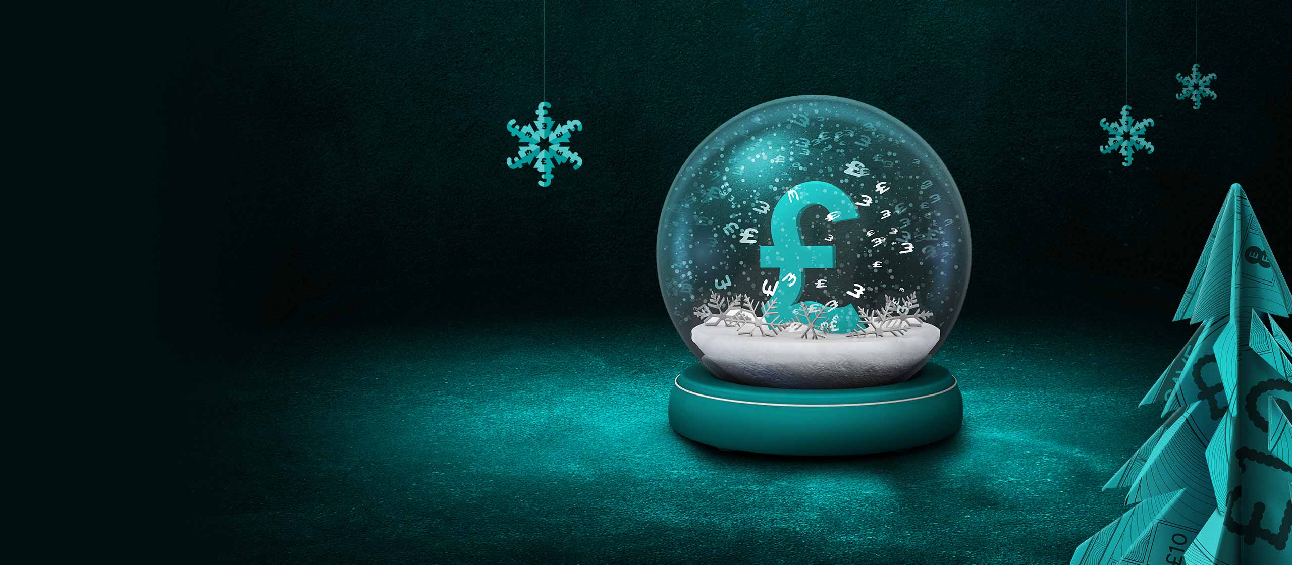  Snow globe with pound sign on a black and aqua background 