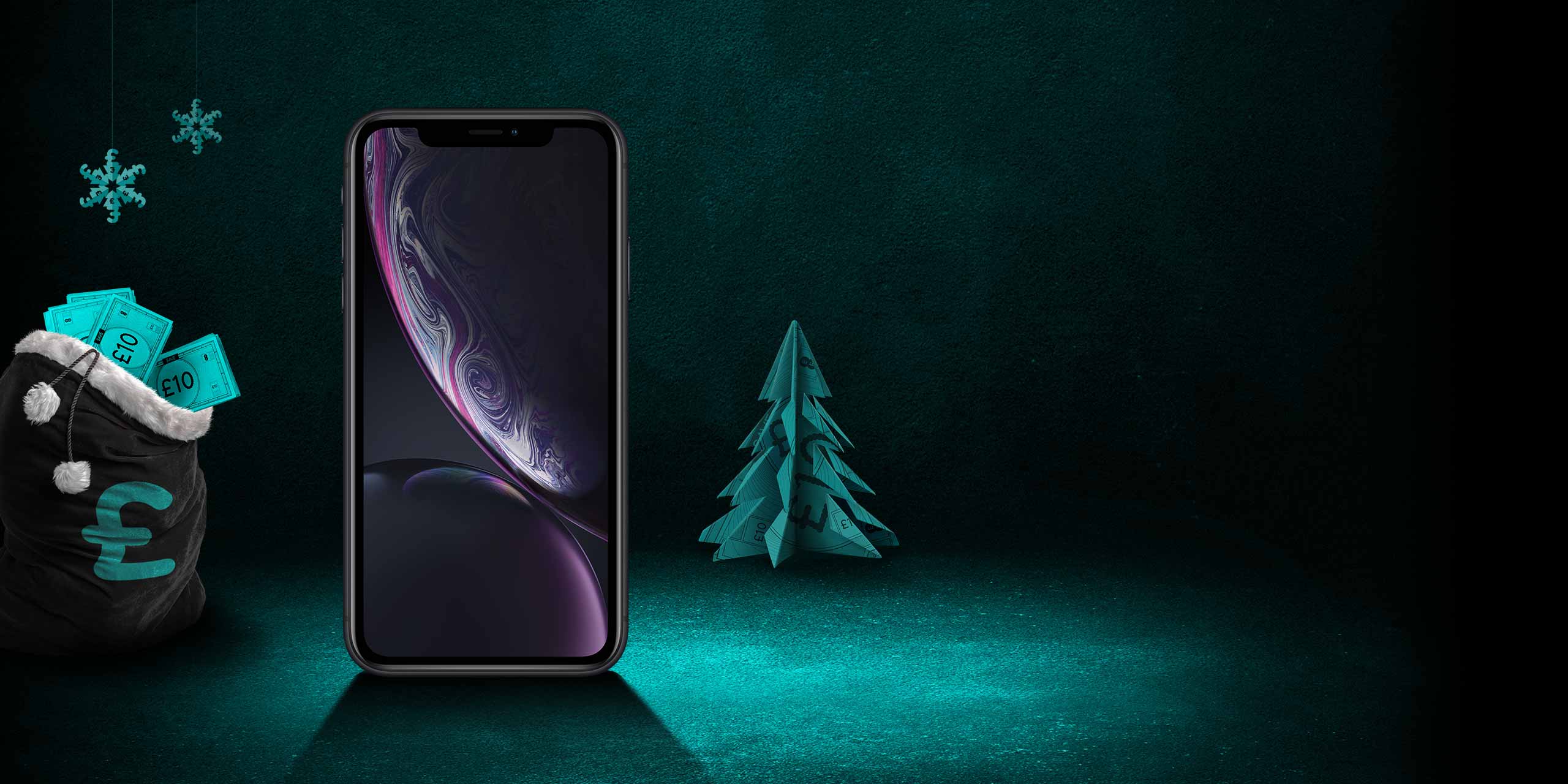  iPhone XR on a black and aqua background 