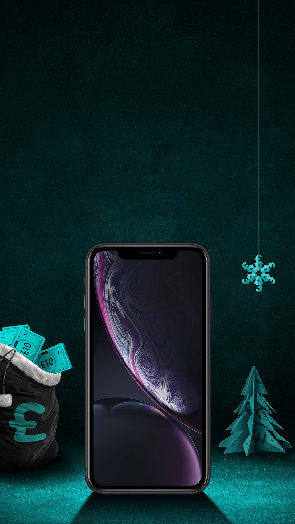  iPhone XR on a black and aqua background 