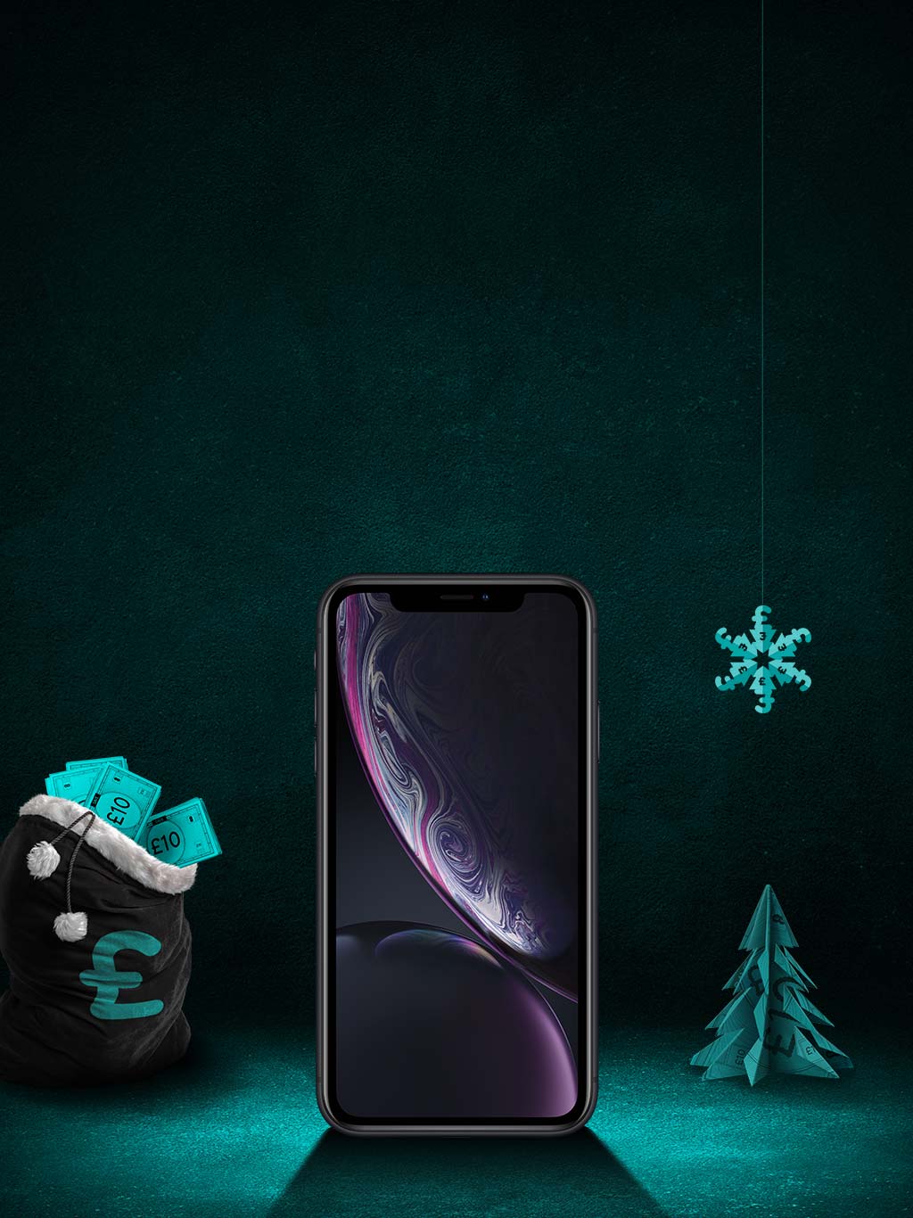  iPhone XR on a black and aqua background 